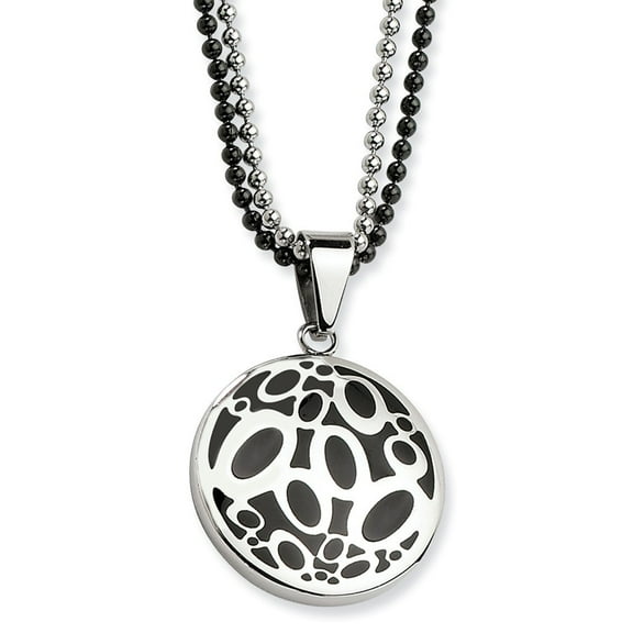 Stainless Steel Black Rubber Fancy Circles Double Chain Necklace - 22 Inch