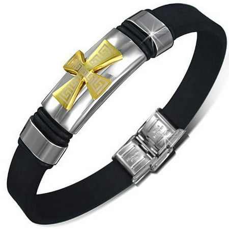 Stainless Steel Black Rubber Silicone Medieval Cross Greek Key Silver-Tone Mens Bracelet