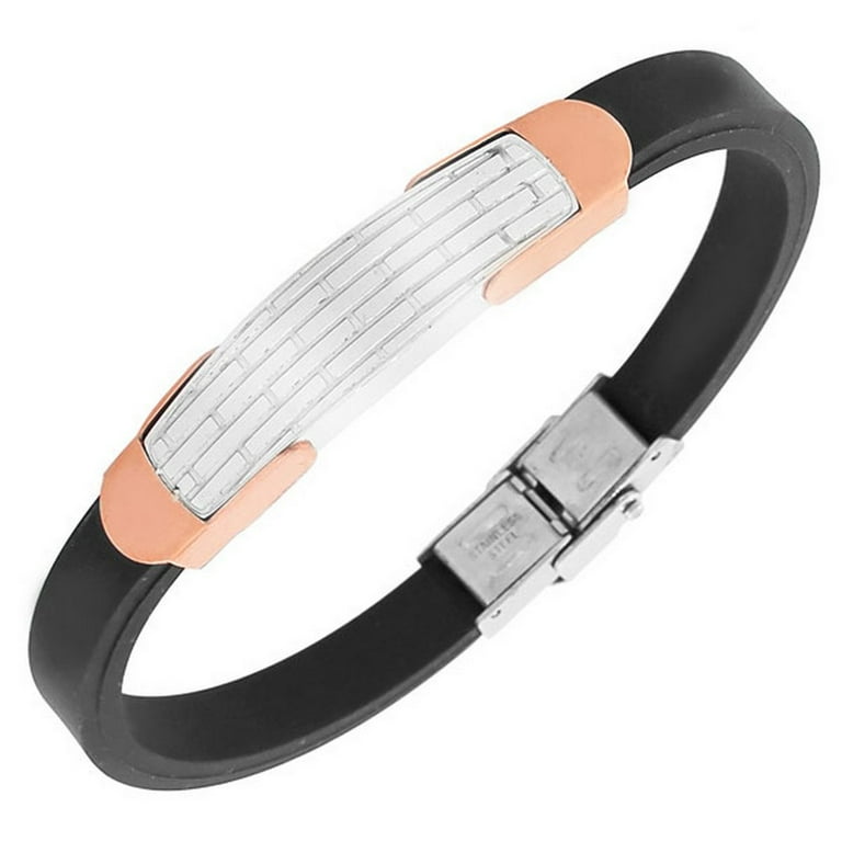 Stainless Steel Black Rubber Silicone Rose Gold-Tone Silver-Tone