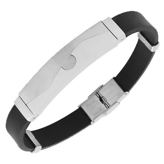 Stainless Steel Black Rubber Silicone Silver-Tone Mens  Bracelet with Clasp