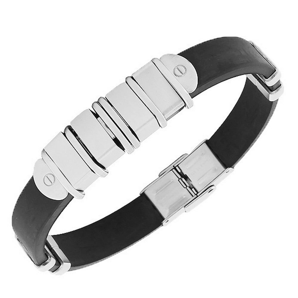 Stainless Steel Black Rubber Silicone Silver-Tone Screws Mens Bracelet ...