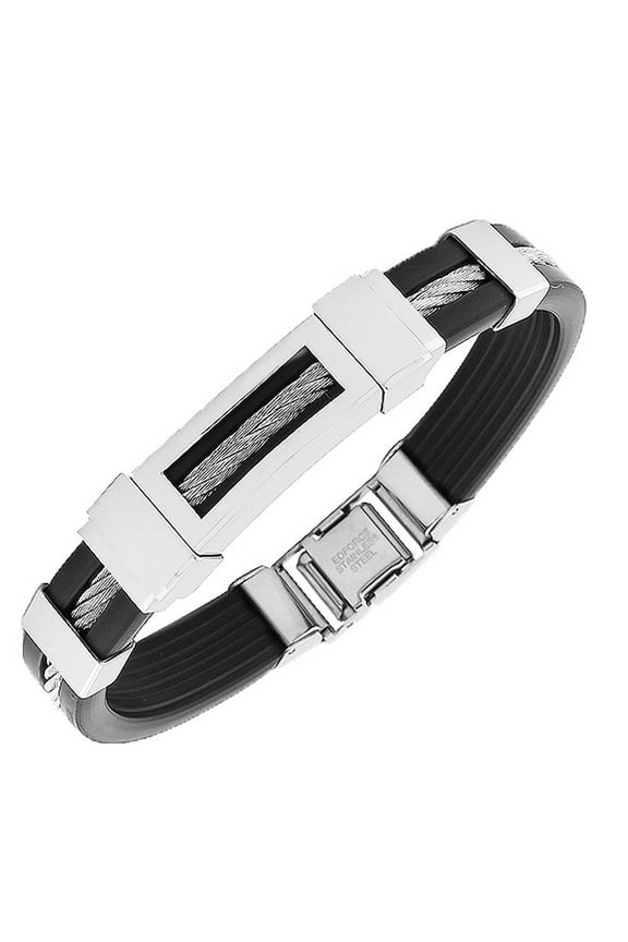 Stainless Steel Black Rubber Silicone Silver-Tone Twisted Cable Rope Bracelet