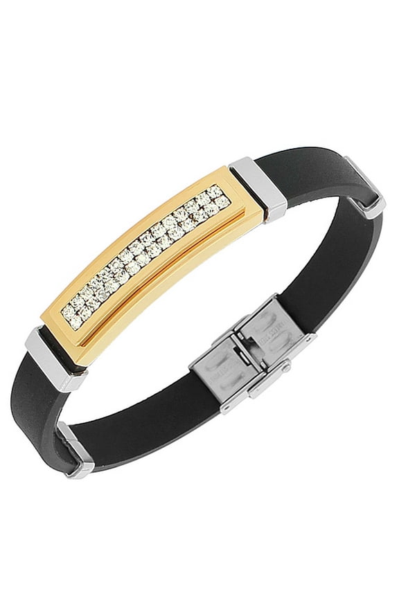Stainless Steel Black Rubber Silicone Two-Tone White CZ Men's Bracelet