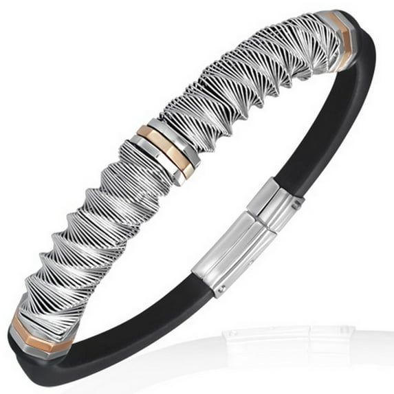 Stainless Steel Black Rubber Silver-Tone Rose Gold-Tone Mens Bracelet, 8.5"