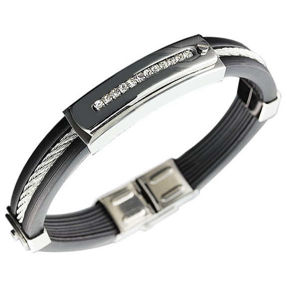Stainless Steel Black Rubber Silver-Tone White CZ Men's Bracelet