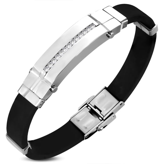Stainless Steel Black Rubber Silver-Tone White CZ Mens Bracelet