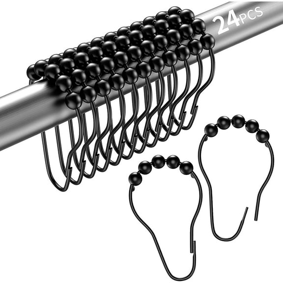 Stainless Steel Black Shower Curtain Hooks, 24 PCS Shower Hooks for Shower Curtain Liner, Rolling Balls Rust Proof Shower Rings for Curtain Accessories and Bathroom Shower Rod, Set of 24