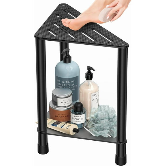 Stainless Steel Black Shower Stool for Inside Shower, 15.4'' H Shower Foot Rest, Corner Shower Stool with Storage Shelf, Shower Step for Shaving Legs, Bathroom Corner Shower Bench
