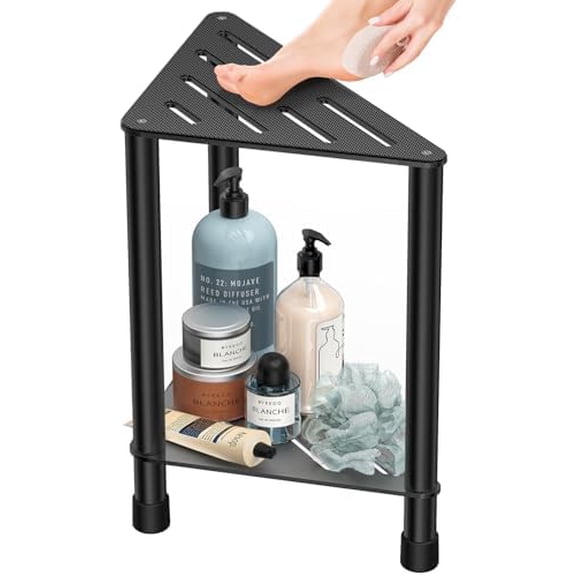 Stainless Steel Black Shower Stool for Inside Shower, 15.4'' H Shower Foot Rest, Corner Shower Stool with Storage Shelf, Shower Step for Shaving Legs, Bathroom Corner Shower Bench