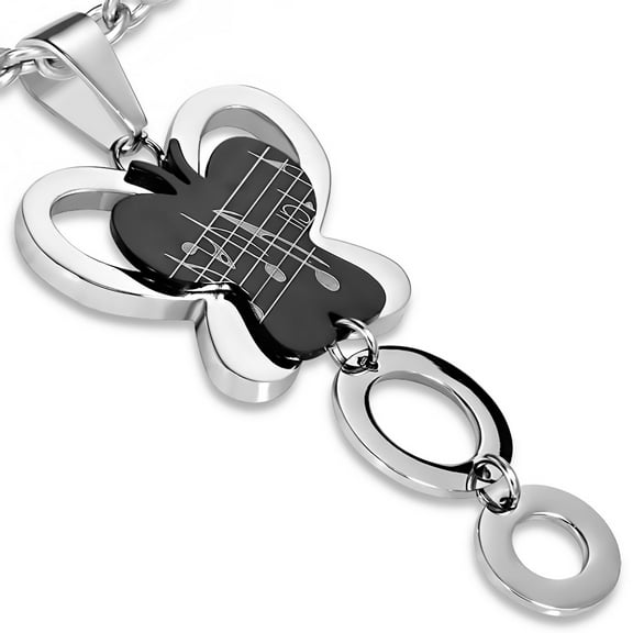 Stainless Steel Black Silver-Tone Butterfly Music Pendant Necklace, 21.5"