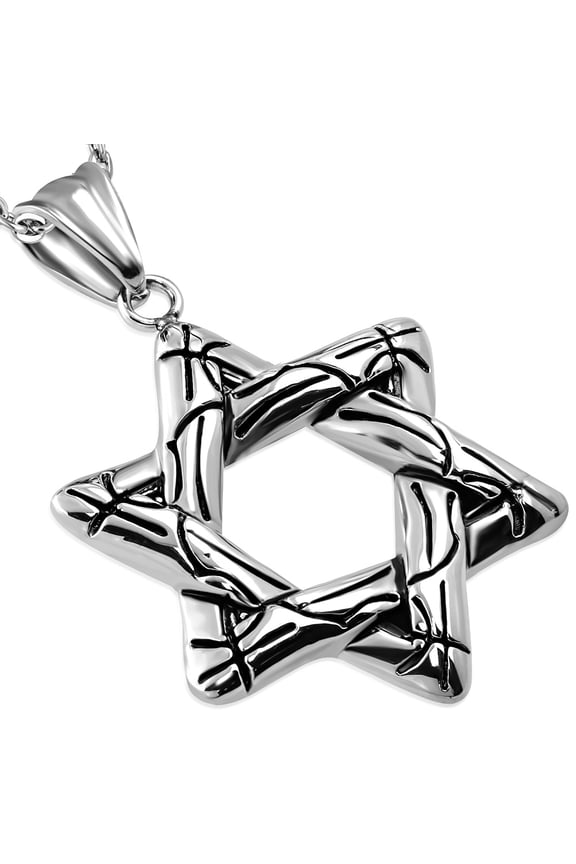 Stainless Steel Black Silver-Tone Classic Star of David Jewish Pendant Necklace, 21.5"