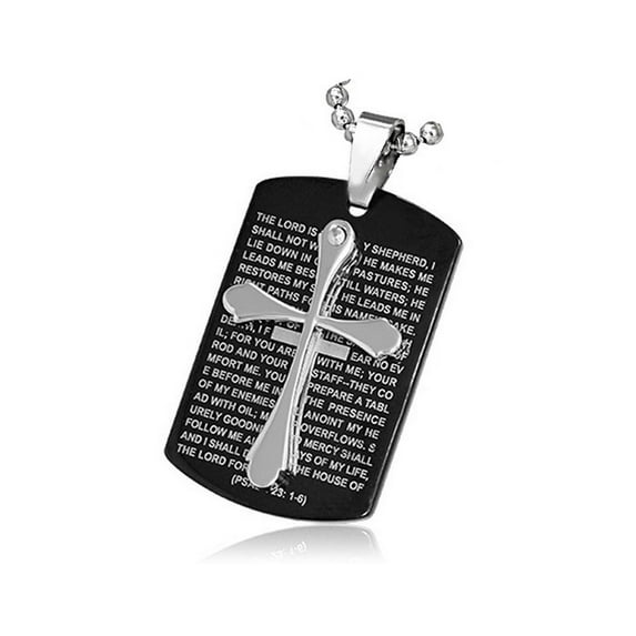 Stainless Steel Black Silver-Tone Cross Crucifix Prayer in English Pendant Necklace, 24"