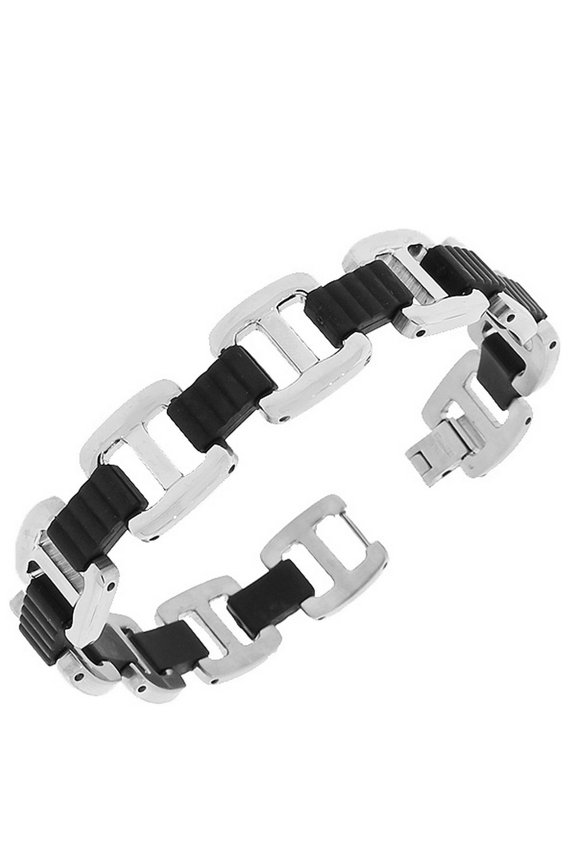 Stainless Steel Black Silver-Tone Link Chain Men's Bracelet