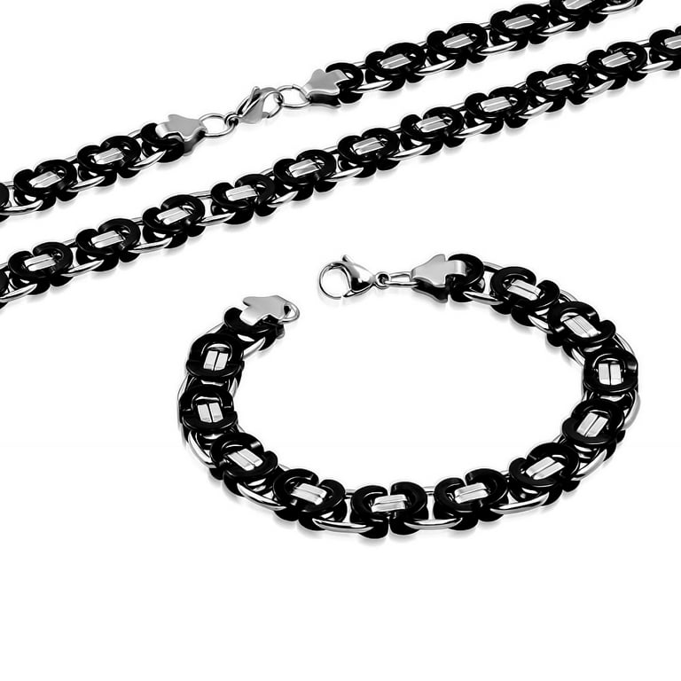 Stainless Steel Black Silver-Tone Necklace Bracelet Mens Jewelry