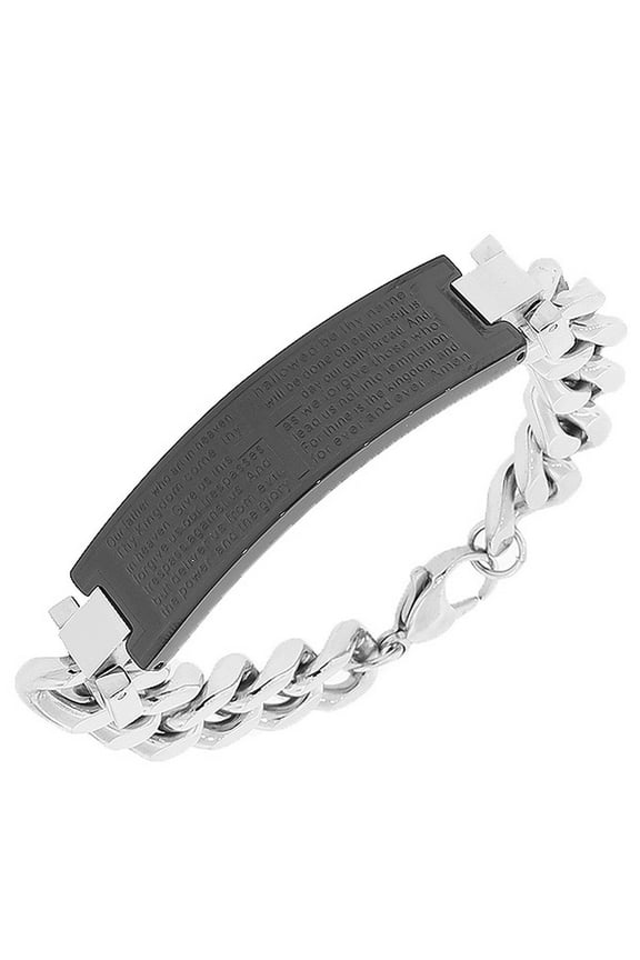 Stainless Steel Black Silver-Tone Religious Cross English Lord's Prayer Men's Bracelet