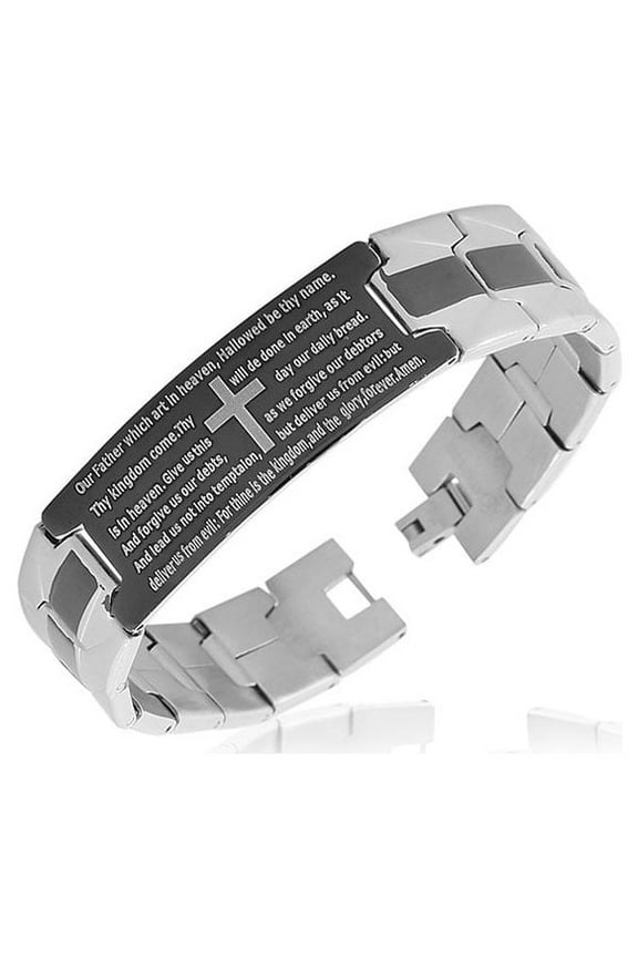 Stainless Steel Black Silver-Tone Religious Cross English Prayer Mens Bracelet
