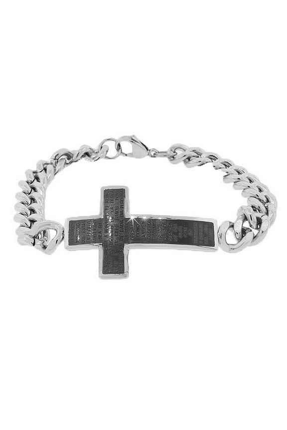 Stainless Steel Black Silver-Tone Religious Cross Lord's Prayer Men's Chain Bracelet
