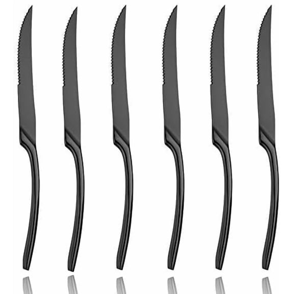 Stainless Steel Black Steak Knives Set of 6,Forge Steak Knife,Serrated Steak Knives Set,6 Piece Heavy Steak Knives-10 inch,Mirror Polished,Dishwasher Safe
