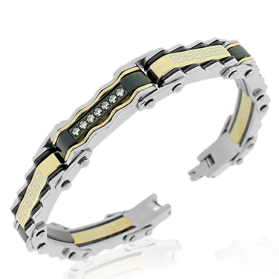 Stainless Steel Black Yellow Gold-Tone Silver-Tone CZ Greek Key Link Mens Bracelet