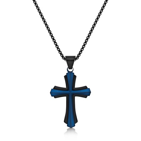 Metro Jewelry Stainless Steel Black and Blue Ion Plated Cross Pendant - 24 Inch Round Box Chain