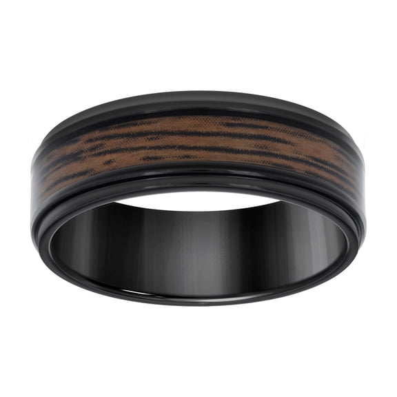 Stainless Steel Black-tone Men's Wood Inlay Comfort-Fit Bridal Anniversary Engagement Wedding Band 8mm Size 11