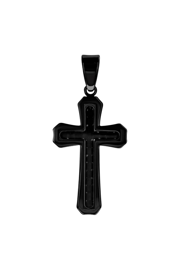 Stainless Steel Black-tone Mens Carbon Fiber Inlay Cross Religious Charm Pendant
