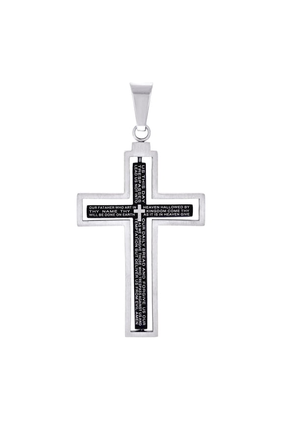 Stainless Steel Black tone Mens Lord's Prayer Cross Religious Charm Pendant Necklace for Men