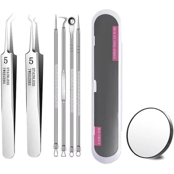 Stainless Steel Blackhead Remover Kit, Acssart Tweezers, Usiveinborn Blackhead Remover, Medical Grade Blackhead Extraction Tool Kit, Cell Clip Pimple Needle Set with Storage Case (6 pcs-B)