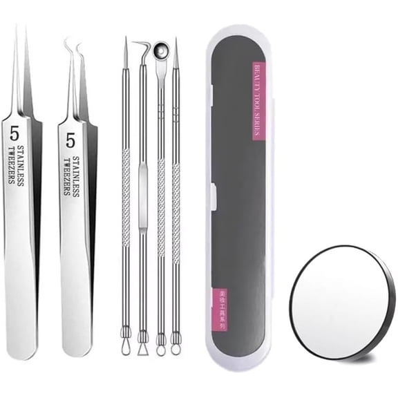 Stainless Steel Blackhead Remover Kit, Acssart Tweezers, Usiveinborn Blackhead Remover, Medical Grade Blackhead Extraction Tool Kit, Cell Clip Pimple Needle Set with Storage Case (6 pcs-A)