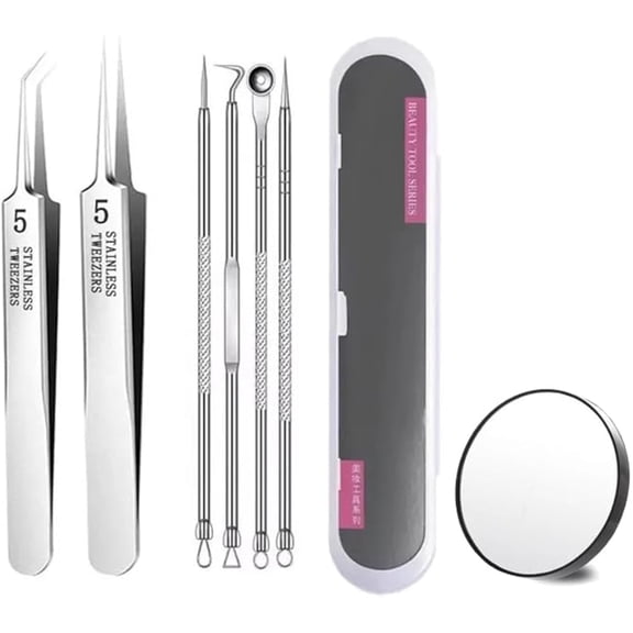 Stainless Steel Blackhead Remover Kit, Acssart Tweezers, Usiveinborn Blackhead Remover, Medical Grade Blackhead Extraction Tool Kit, Cell Clip Pimple Needle Set with Storage Case (6 pcs-C)