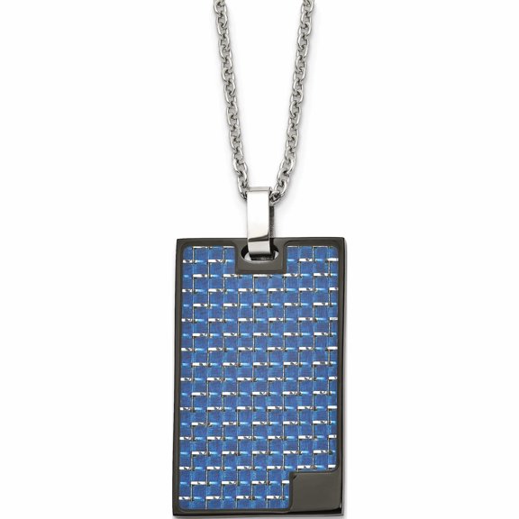 Stainless Steel Blackip-Plated With Blue Carbon Fiber Inlay Rectangle Necklace (22 X 22.33) Made In China -Jewelry By Sweet Pea