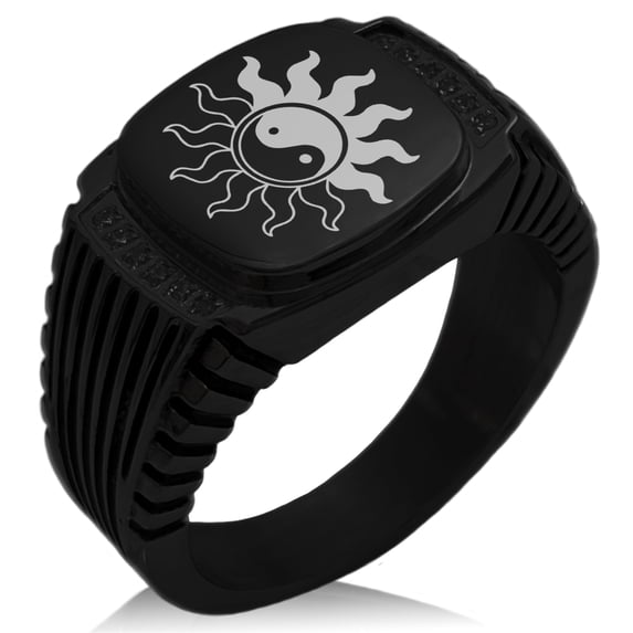 Tioneer Stainless Steel Blazing Sun Yin Yang CZ Ribbed Needle Stripe Pattern Biker Style Polished Ring