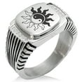 thumbnail image 1 of Stainless Steel Blazing Sun Yin Yang CZ Ribbed Needle Stripe Pattern Biker Style Polished Ring, 1 of 1