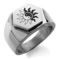 thumbnail image 1 of Tioneer Stainless Steel Blazing Sun Yin Yang Engraved Hexagon Crest Flat Top Biker Style Polished Ring, 1 of 1