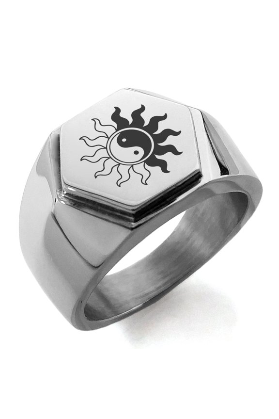 Stainless Steel Blazing Sun Yin Yang Engraved Hexagon Crest Flat Top Biker Style Polished Ring
