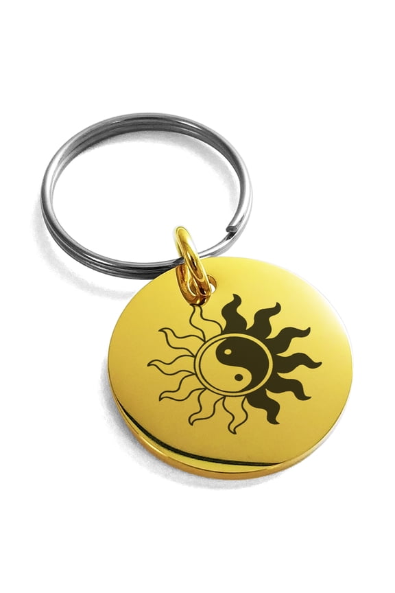 Stainless Steel Blazing Sun Yin Yang Engraved Small Medallion Circle Charm Keychain Keyring