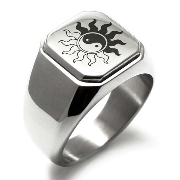 Stainless Steel Blazing Sun Yin Yang Engraved Square Flat Top Biker Style Polished Signet Ring