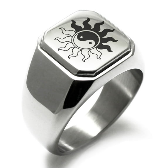 Stainless Steel Blazing Sun Yin Yang Engraved Square Flat Top Biker Style Polished Signet Ring