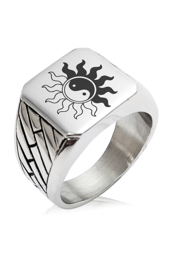 Stainless Steel Blazing Sun Yin Yang Geometric Pattern Biker Style Polished Ring
