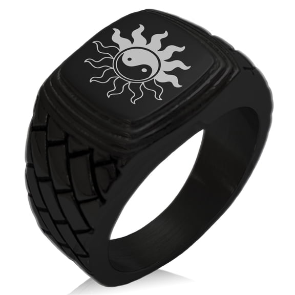 Tioneer Stainless Steel Blazing Sun Yin Yang Geometric Pattern Step-Down Biker Style Polished Ring
