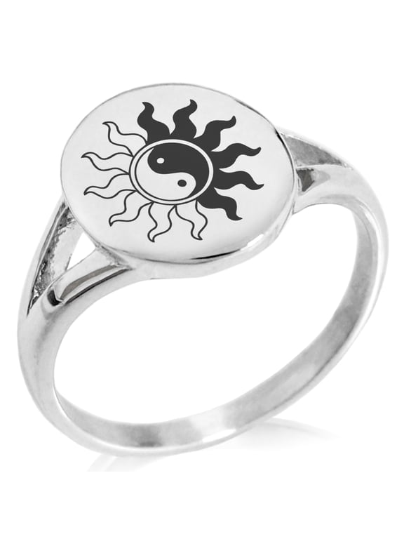 Stainless Steel Blazing Sun Yin Yang Minimalist Oval Top Polished Statement Signet Ring