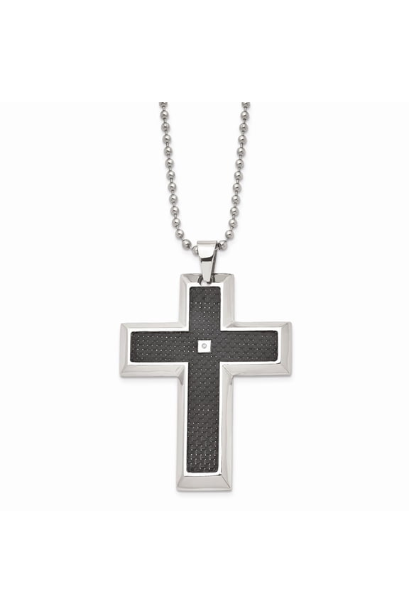 Stainless Steel Blk Carbon Fiber Inlay .01ct. Diamond Accent Cross Necklace; for Adults and Teens; for Women and Men