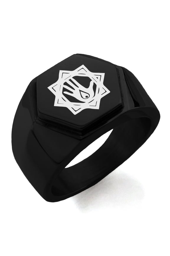 Stainless Steel Blood Magic Rune Engraved Hexagon Crest Flat Top Biker Style Polished Ring