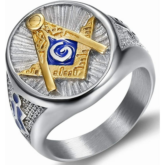 Stainless Steel Blue Gold Two Tone Masonic Master Mason Ring