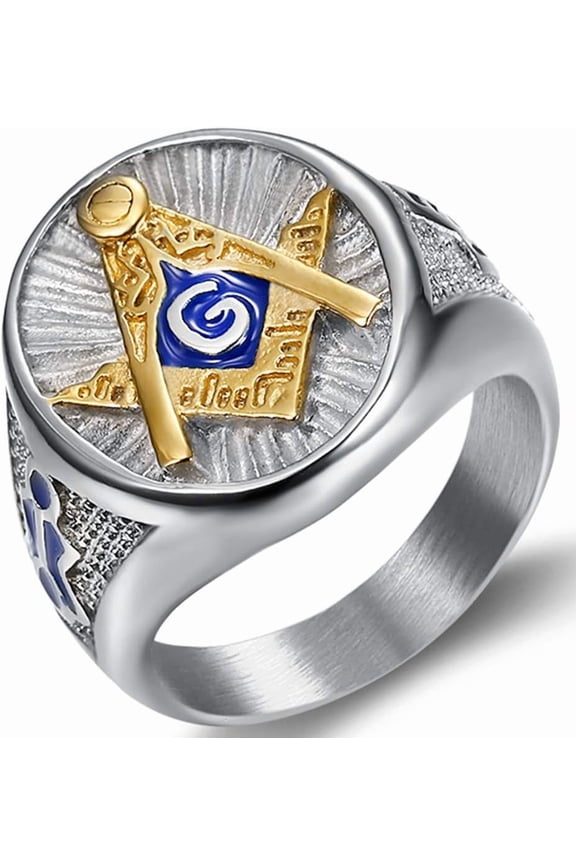 Stainless Steel Blue Gold Two Tone Masonic Master Mason Ring