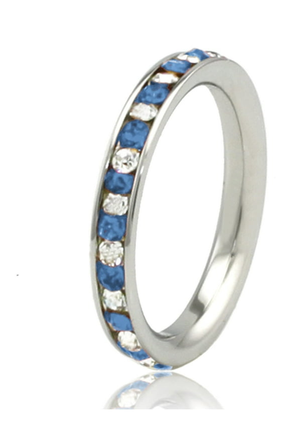 Stainless Steel Blue Sapphire & White Crystal Channel Eternity Stackable Ring