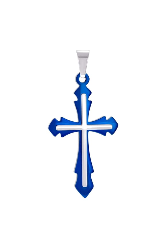 Stainless Steel Blue-tone Mens Cross Religious Charm Pendant Necklace for Men