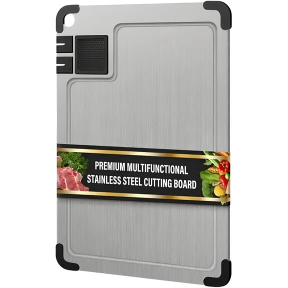 Stainless Steel  Board for Kitchen,  -Grade Board, with Sharpenersr, Garlic Grinding Area, Juice , Non-Slip Corner Guards, Multifunctional Non  Chopping Board, 14.2"x9.8"