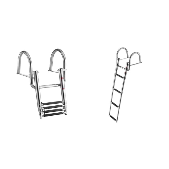 Stainless Steel Boat Ladder 4 Step, Telescoping Folding Swim Ladder for Deck Entry, 600 lbs Capacity, Wide Anti-Slip Steps with Handrails for Yacht, Pontoon, Outboard Boats