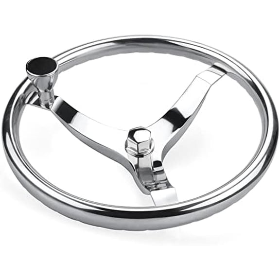 Stainless Steel Boat Steering Wheel 3 Spoke 13-1/2" Dia, with 5/8" -18 Nut and Turning Knob for Seastar and Verado$$Watercraft